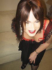 Mature crossdresser posing in a range of her sexy outfits before sucking some cock